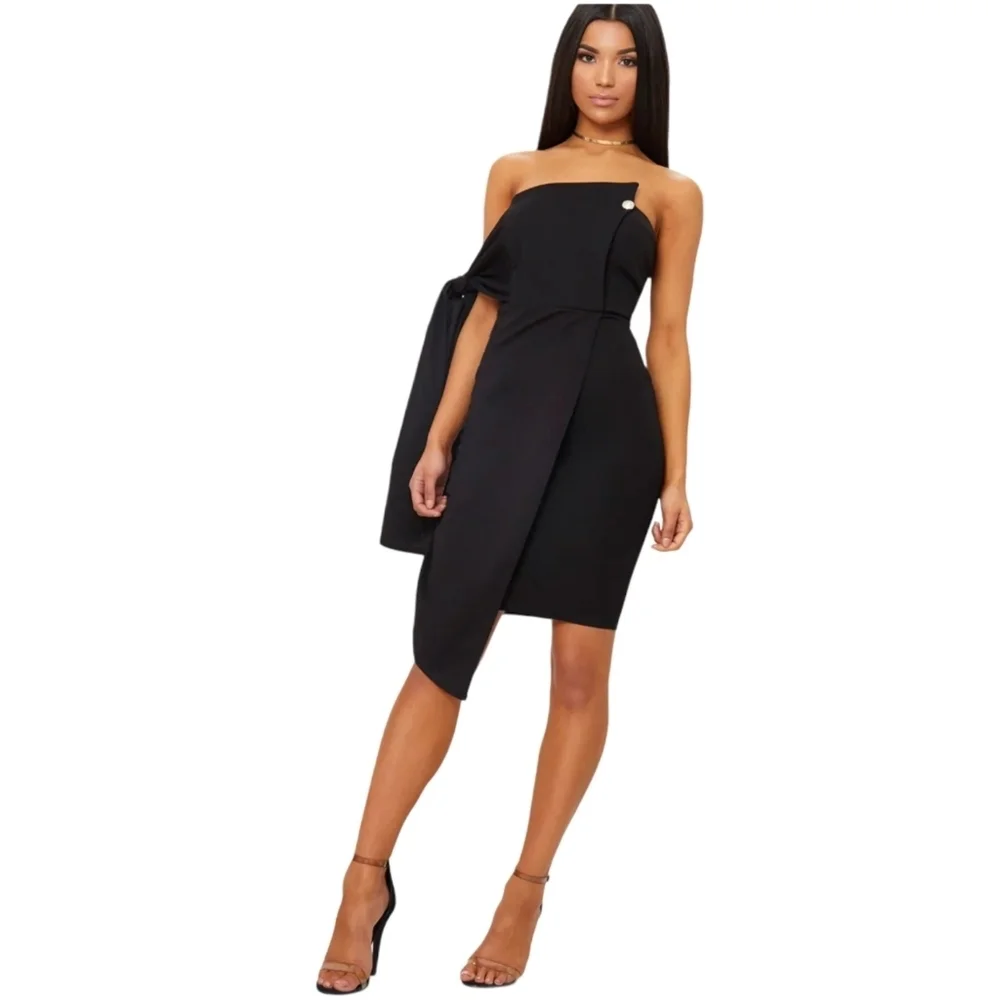 pretty little thing black asymmetric dress Black Asymmetric One Shoulder Flared Sleeve Shift Dress